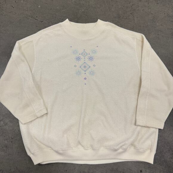 Vintage Sweaters - Vintage 90's Y2K White Cream Snowflake Winter Crewneck Pullover Sweatshirt XL